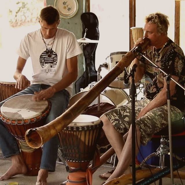 Drums and didgeridoo around the fire